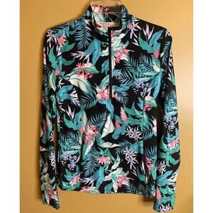Tommy Bahama Women's Teal & Black Tropical Print Quarter Zip Top‎ Size Small